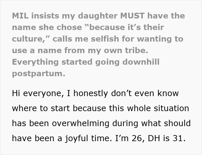 Text from a social media post where a new mom describes conflict with MIL who demands the baby's name honor her culture postpartum.