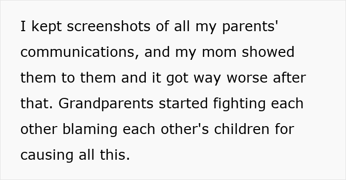 Text excerpt about family conflicts after screenshots of parents' communications, highlighting regrets in an open marriage scenario.