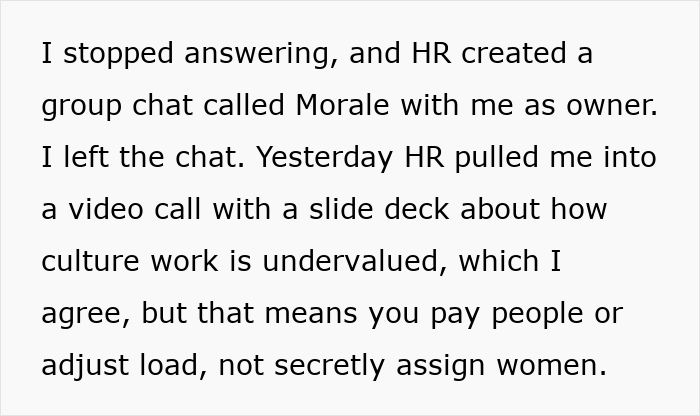Text about HR creating a morale group chat and video call on culture work undervaluing free labor and workload.