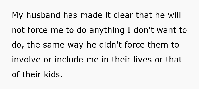 Text excerpt showing a stepmother explaining her husband won’t force involvement amid stepdaughters disown stepmother drama. Text excerpt showing a stepmother explaining her husband won’t force involvement amid stepdaughters disown stepmother drama.