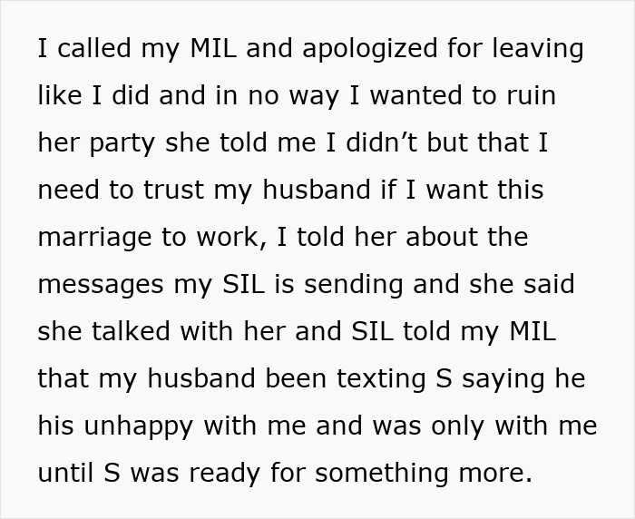 Text excerpt discussing a lady attempting to drive a wedge between brother and his wife to help her bestie get him back.