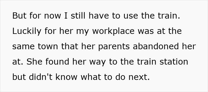 Text describing a child abandoned by parents in another city, found near a train station, highlighting parents abandoning 5YO daughter.