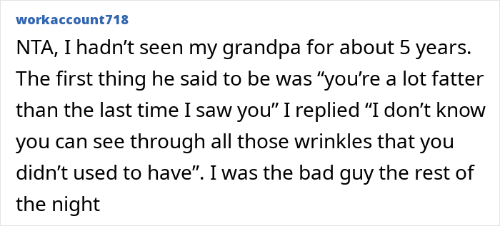 Text conversation screenshot showing a user sharing a story about a grandpa’s blunt comment after 5 years, discussing wrinkles and weight.