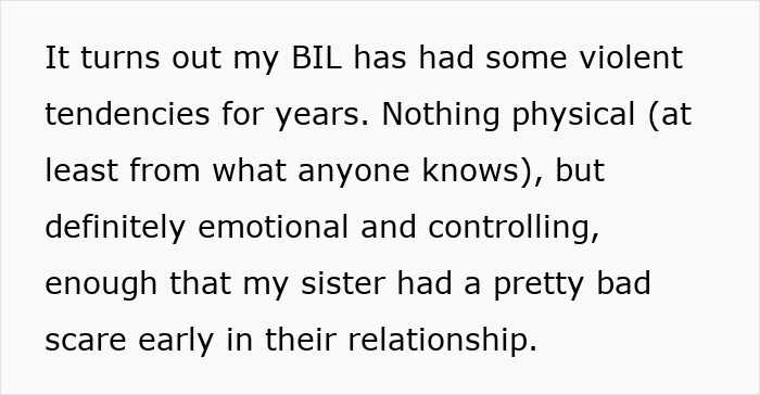 Text about a woman&rsquo;s brother-in-law with violent tendencies and emotional control issues causing family tension.