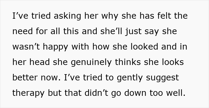 Text excerpt about a husband feeling unattracted to wife after plastic surgery, discussing appearance and therapy.