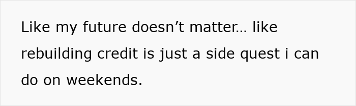 Text on a white background discussing rebuilding credit as a side quest and referencing a mom-nuked credit score.