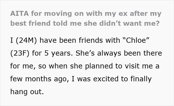 Text excerpt about a man moving on after being rejected thrice by his best friend who started dating someone else. Text excerpt about a man moving on after being rejected thrice by his best friend who started dating someone else.