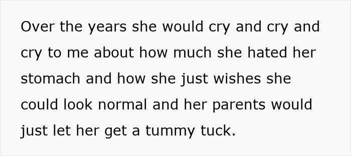 Text showing a niece expressing distress over her stomach and wishing for an aunt to pay for her tummy tuck drama.