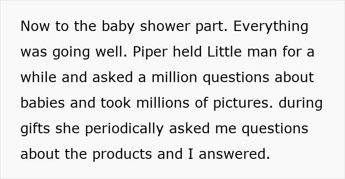 Text excerpt discussing a baby shower where Piper holds a baby and asks questions, highlighting family tension over engagement ring and spotlight. Text excerpt discussing a baby shower where Piper holds a baby and asks questions, highlighting family tension over engagement ring and spotlight.