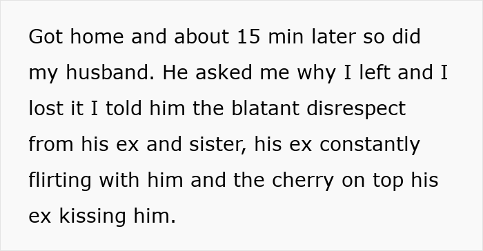 Text describing a wife confronting her husband about disrespect from his ex and sister attempting to drive a wedge between them.