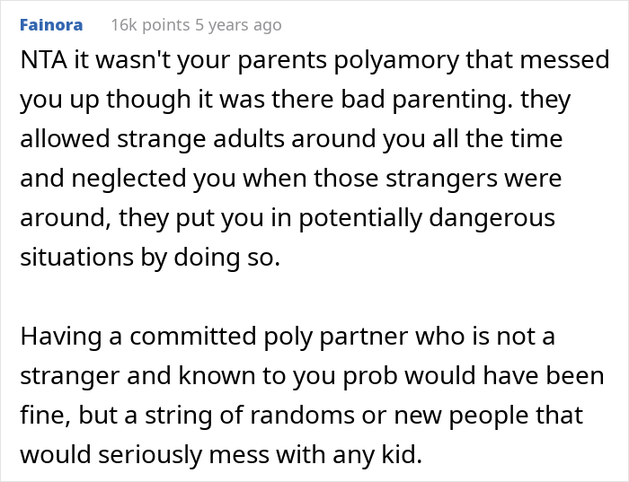 Comment discussing trauma caused by parents favoring polyamorous partners over their child and resulting neglect and danger.