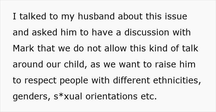 Alt text: Excerpt showing a wife addressing her husband about confronting BIL for racist slurs to protect their child's values at dinner. Alt text: Excerpt showing a wife addressing her husband about confronting BIL for racist slurs to protect their child's values at dinner.