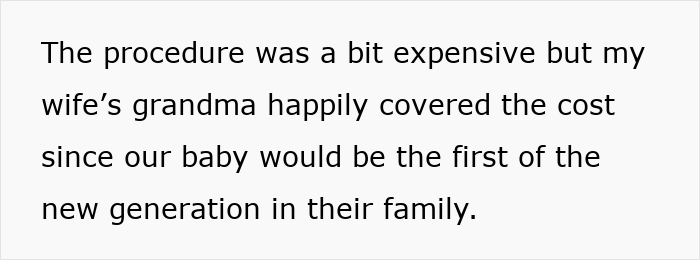 Text excerpt about covering the cost of an IVF procedure for the first baby of a new generation in the family. Text excerpt about covering the cost of an IVF procedure for the first baby of a new generation in the family.