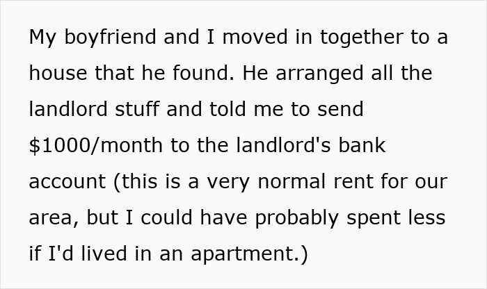 Text excerpt describing a boyfriend lying and extorting rent money from girlfriend under false pretenses.