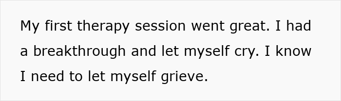 Text on white background stating a first therapy session breakthrough related to grief and emotional healing postpartum. Text on white background stating a first therapy session breakthrough related to grief and emotional healing postpartum.