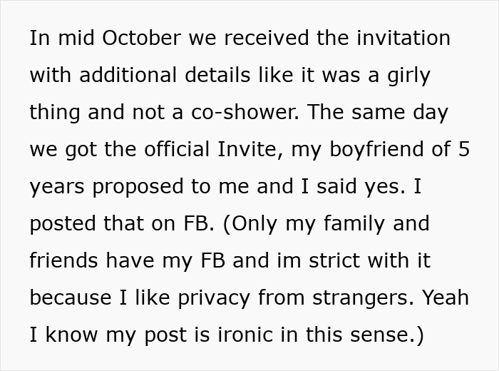 Text excerpt about receiving an invitation, proposal, and posting engagement news, relating to stealing spotlight by bringing baby and engagement ring. Text excerpt about receiving an invitation, proposal, and posting engagement news, relating to stealing spotlight by bringing baby and engagement ring.