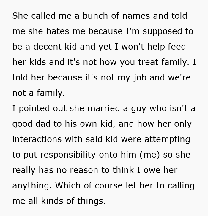 16YO Tells Stepmom It’s Not His Job To Feed Her Kids, She Gets Angry At Him 16YO Tells Stepmom It’s Not His Job To Feed Her Kids, She Gets Angry At Him