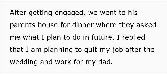 Text excerpt about future in-laws asking about plans after engagement, highlighting prenup and wealthy family context.