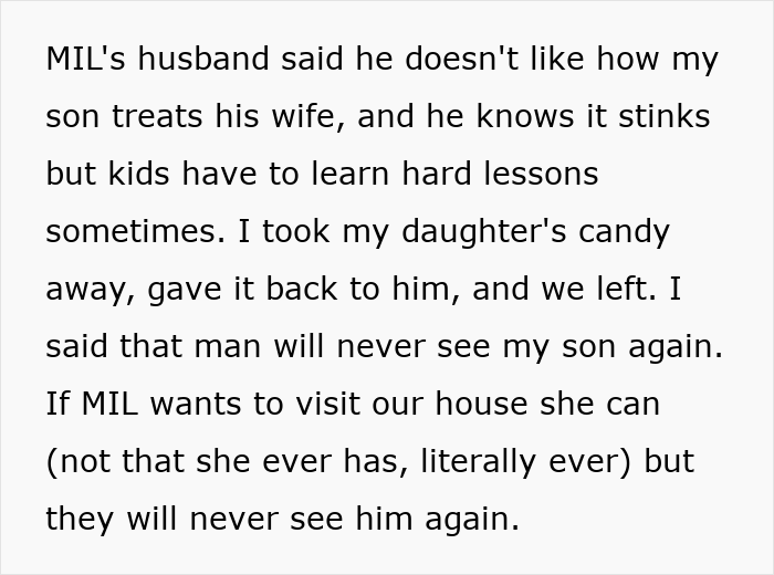 Text from a family discussion about a step-grandpa banned from visiting kids after denying candy to 7-year-old.