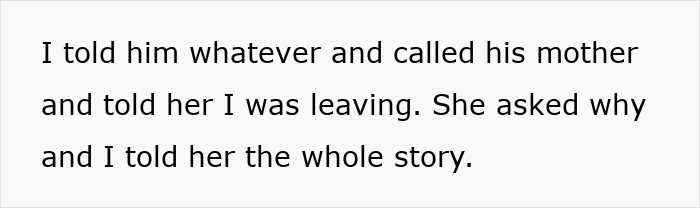 Text on a white background describing a conversation where one person tells a mother about leaving and explains the whole story.