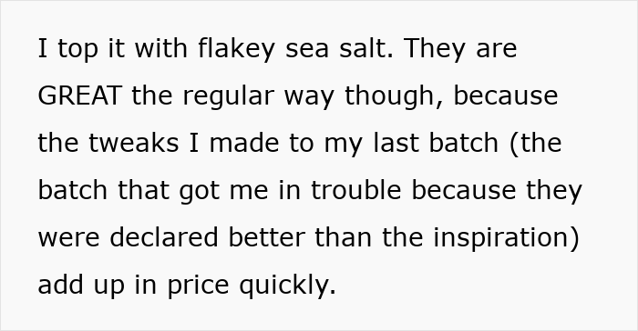 Text excerpt about perfecting secret cookies, highlighting tweaks that improved the recipe but caused family betrayal tension.