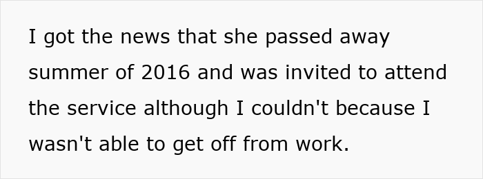 Text excerpt about learning news of a late half-sister’s passing, highlighting family and medical bill support issues. Text excerpt about learning news of a late half-sister’s passing, highlighting family and medical bill support issues.
