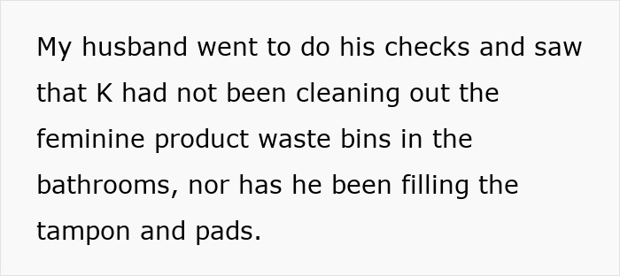 Text on a white background stating a complaint about a custodian not emptying feminine hygiene waste bins due to a religious claim. Text on a white background stating a complaint about a custodian not emptying feminine hygiene waste bins due to a religious claim.
