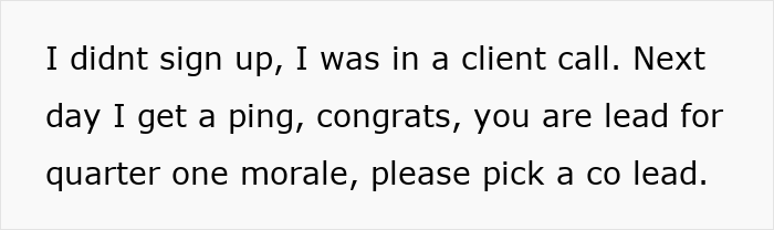 Text message about being asked to lead morale efforts despite not signing up, highlighting issues with free labor and workplace expectations.