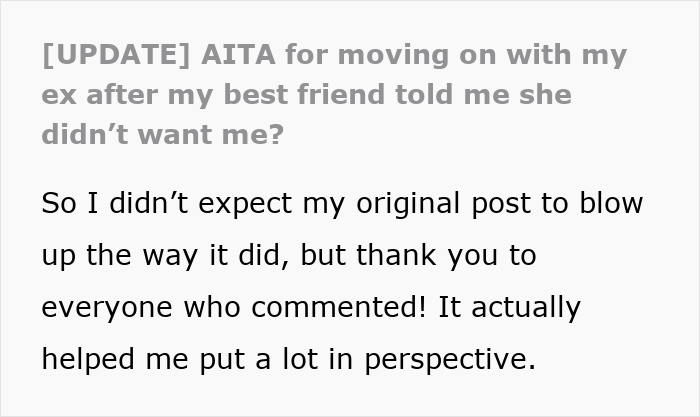 Screenshot of a discussion post about moving on after rejection by a best friend, addressing dating and relationship issues. Screenshot of a discussion post about moving on after rejection by a best friend, addressing dating and relationship issues.