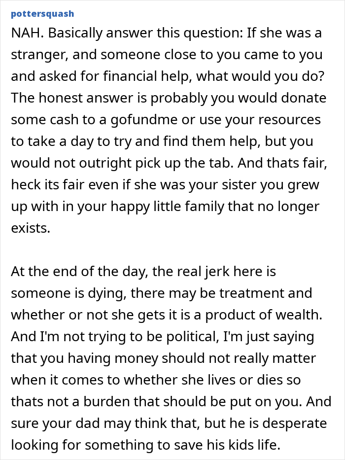 Screenshot of a forum post discussing a woman refusing to pay for surgery with inheritance money, labeled heartless by her dad.