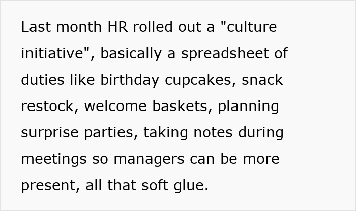 Text excerpt about HR culture initiative asking analyst to stock snacks and plan parties, highlighting refusal of free labor impacting work environment.