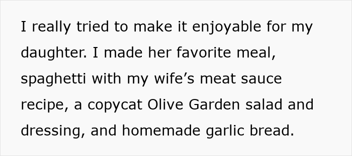Grieving dad preparing daughter's favorite birthday meal with spaghetti, salad, and garlic bread to make day special.