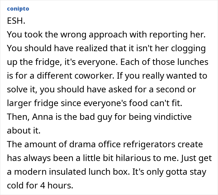 Woman Hijacks An Entire Fridge At Work, Doesn’t Take Confrontation From A Coworker Well Woman Hijacks An Entire Fridge At Work, Doesn’t Take Confrontation From A Coworker Well