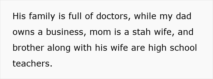 Text describing a family background mentioning doctors, a business owner dad, a stay-at-home mom, and teachers, related to future in-laws and prenup demands.