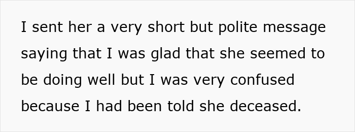 Text excerpt discussing confusion about a late half-sister after a polite message about medical bills and support. Text excerpt discussing confusion about a late half-sister after a polite message about medical bills and support.