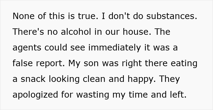 Text excerpt from woman disputing CPS report, defending her autistic son, and describing agents apologizing after false report.