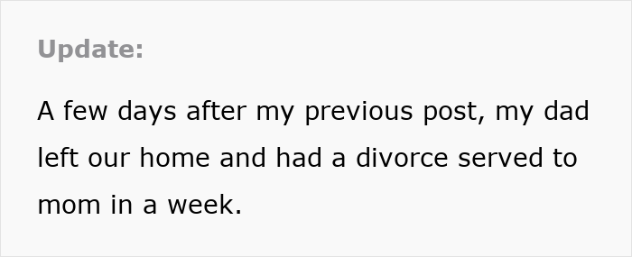 Text excerpt showing an update about divorce following a forced open marriage involving a 41-year-old and his 39-year-old wife.