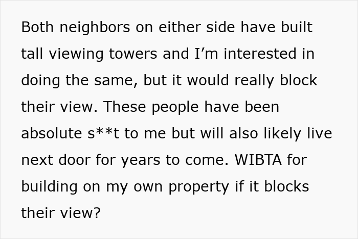 Text excerpt from a woman describing rude neighbors blocking her view and concern over building on her own land.