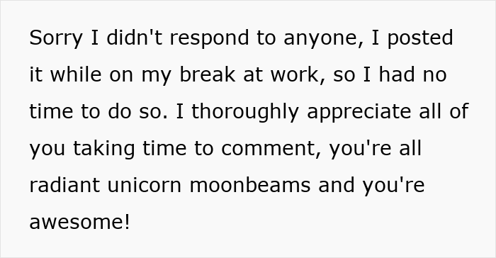 Text message apologizing for not responding due to work break, appreciating comments and calling readers radiant unicorn moonbeams.