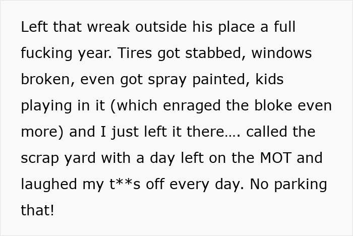 Text excerpt showing a man’s experience with a public road parking dispute and the reality check he received. Text excerpt showing a man’s experience with a public road parking dispute and the reality check he received.