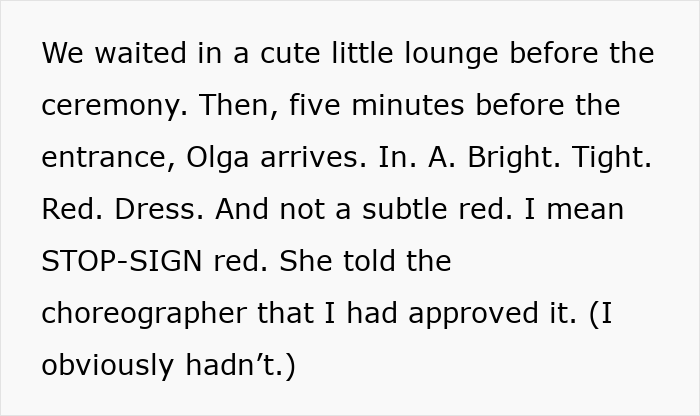 Bridesmaid wearing bold red dress at all-black wedding, guests reacting as bride notices the striking red outfit. Bridesmaid wearing bold red dress at all-black wedding, guests reacting as bride notices the striking red outfit.