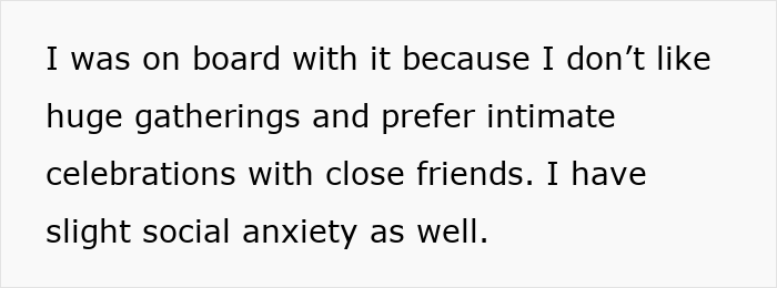 Text excerpt about preferring intimate celebrations over large gatherings due to slight social anxiety.