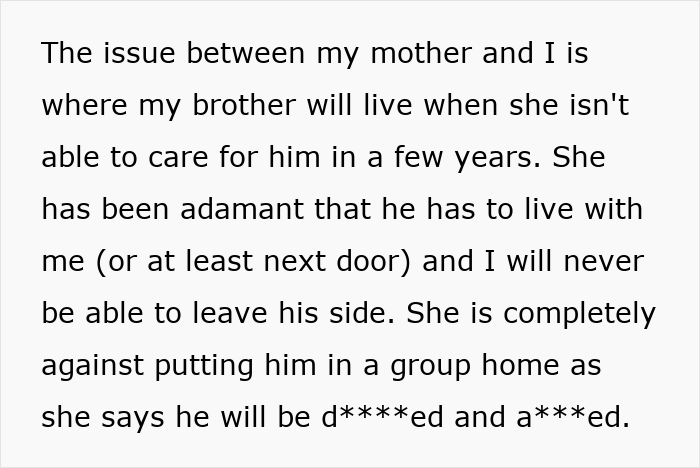 Text discussing conflicts about refusing to live with a disabled sibling and family care responsibilities in the future. Text discussing conflicts about refusing to live with a disabled sibling and family care responsibilities in the future.