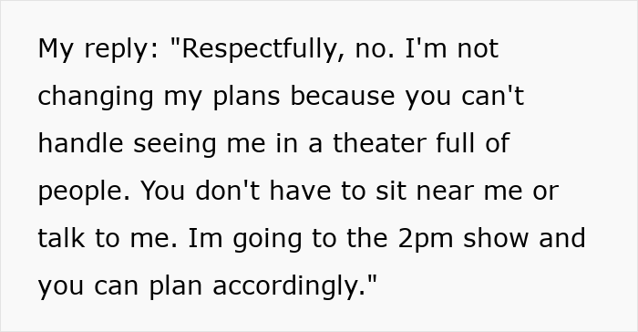 Text message exchange showing a woman firmly rejecting an immature text from her ex, highlighting narcissist behavior. Text message exchange showing a woman firmly rejecting an immature text from her ex, highlighting narcissist behavior.