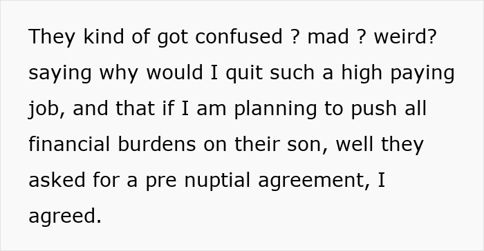 Text excerpt discussing future in-laws demanding a prenup and the woman agreeing due to concerns about financial burdens.