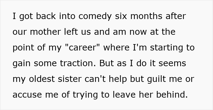 Text showing a caretaker frustrated by her sister's constant guilt trips after sacrificing her career for years. Text showing a caretaker frustrated by her sister's constant guilt trips after sacrificing her career for years.