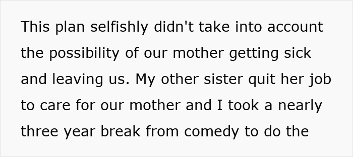 Text excerpt showing frustration of caretaker who sacrificed career to care for sick mother, highlighting guilt trips. Text excerpt showing frustration of caretaker who sacrificed career to care for sick mother, highlighting guilt trips.