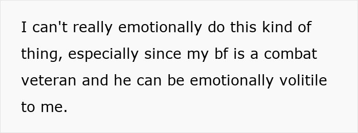 Text excerpt describing emotional challenges with a combat veteran boyfriend, highlighting relationship difficulties and volatility.