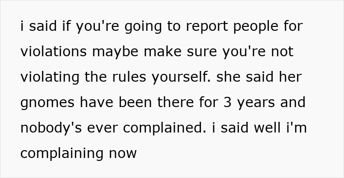 Text conversation about HOA snitch enforcing rules, discussing reporting violations and complaints over garden gnomes.
