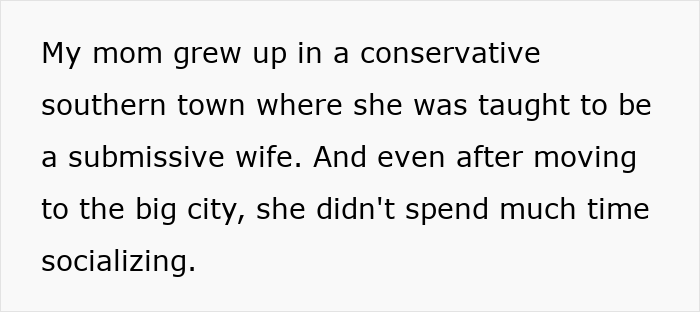 Text about a conservative upbringing and submissive wife background relates to average 41YO and open marriage regrets.